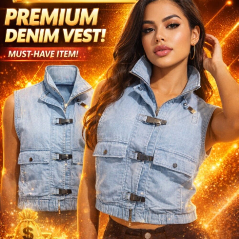 Le Tigre Women's Medium Denim Vest Zip & Buckle Pockets Y2K Vintage Street Style